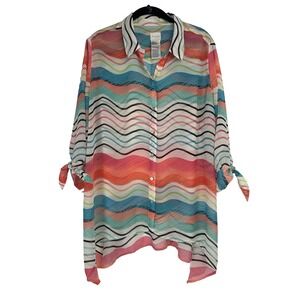 Chicos Tunic Button Up Top Size 2 XL Sheer Striped Beachy Boho Sharkbite Hem